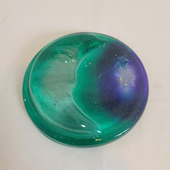 Vintage Moon Face w/Stars Blue & Teal Glass Paperweight Suncatcher Art 4" - Picture 1 of 4